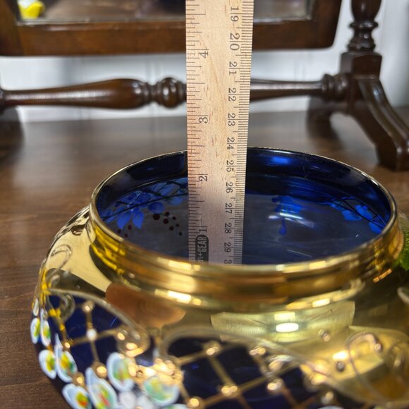 Vintage Cobalt Blue Glass Vanity Jar with Lid Gold Enamel Floral Bohemian Jar - Picture 13 of 14